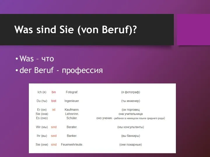 Was sind Sie (von Beruf)? Was – что der Beruf - профессия