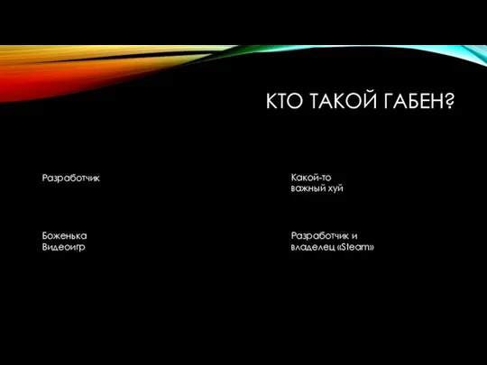 КТО ТАКОЙ ГАБЕН? Разработчик Боженька Видеоигр Какой-то важный хуй Разработчик и владелец «Steam»