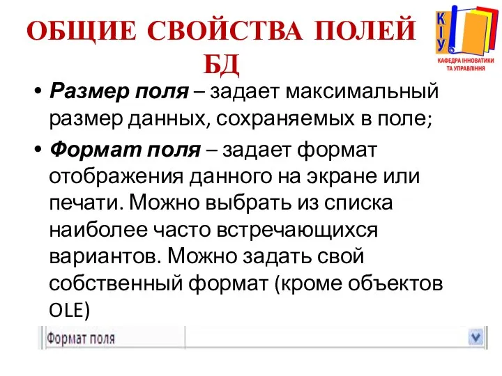 ОБЩИЕ СВОЙСТВА ПОЛЕЙ БД Размер поля – задает максимальный размер данных,