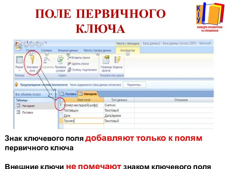 ПОЛЕ ПЕРВИЧНОГО КЛЮЧА Знак ключевого поля добавляют только к полям первичного