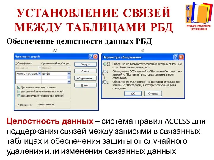 УСТАНОВЛЕНИЕ СВЯЗЕЙ МЕЖДУ ТАБЛИЦАМИ РБД Обеспечение целостности данных РБД Целостность данных