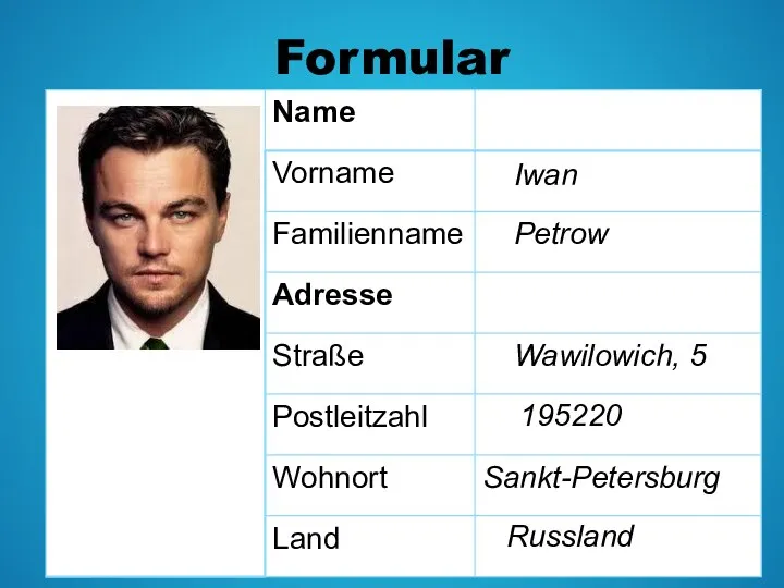 Formular Iwan Petrow Wawilowich, 5 195220 Sankt-Petersburg Russland