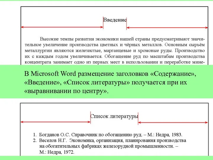 В Microsoft Word размещение заголовков «Содержание», «Введение», «Список литературы» получается при их «выравнивании по центру».