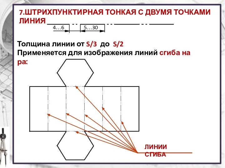 7.ШТРИХПУНКТИРНАЯ ТОНКАЯ С ДВУМЯ ТОЧКАМИ ЛИНИЯ Толщина линии от S/3 до