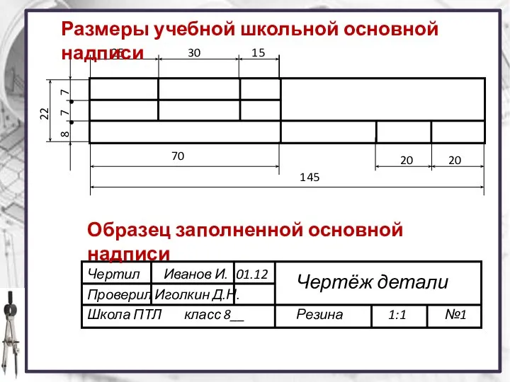 Чертил Иванов И. 01.12 Проверил Чертёж детали Иголкин Д.Н. Школа ПТЛ