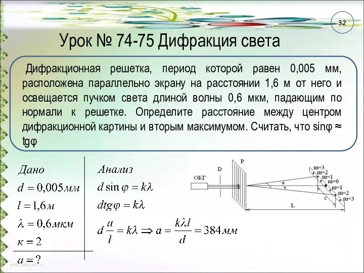 Урок № 74-75 Дифракция света Дифракционная решетка, период которой равен 0,005