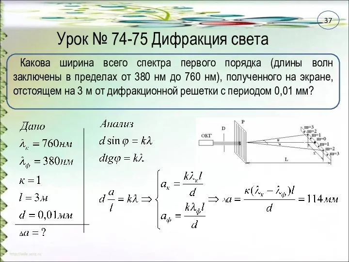 Урок № 74-75 Дифракция света Какова ширина всего спектра первого порядка