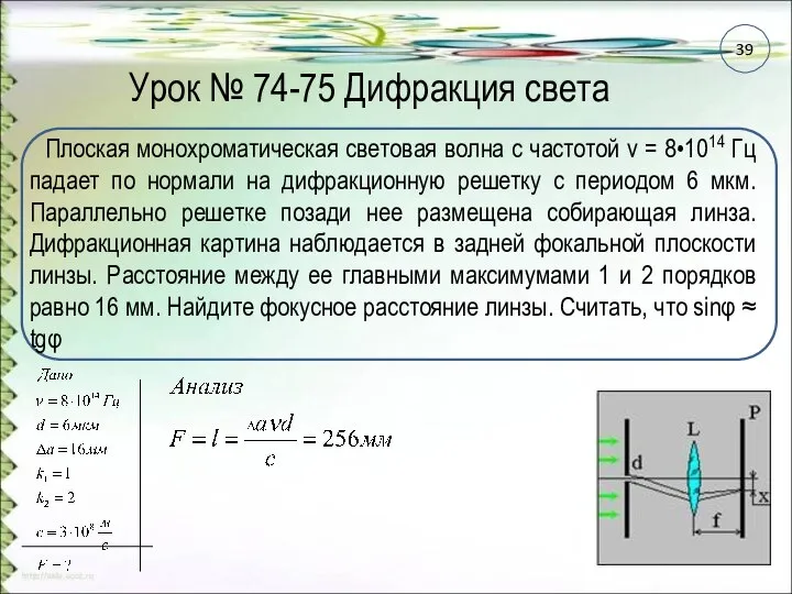 Урок № 74-75 Дифракция света Плоская монохроматическая световая волна с частотой