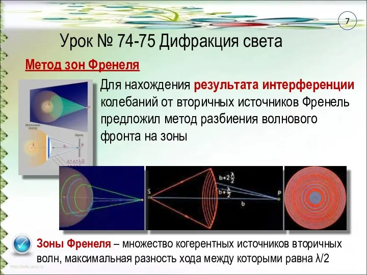 Урок № 74-75 Дифракция света Зоны Френеля – множество когерентных источников