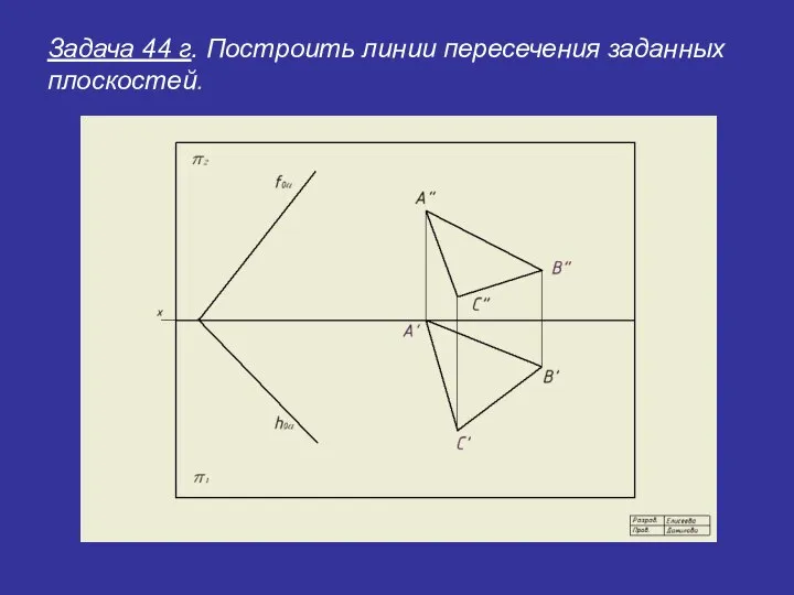 Задача 44 г. Построить линии пересечения заданных плоскостей.