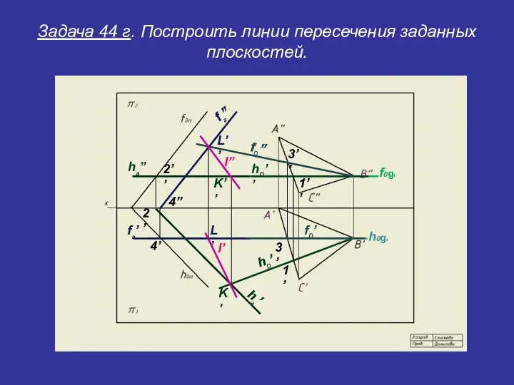 Задача 44 г. Построить линии пересечения заданных плоскостей. f0g1 ha’’ hD’’