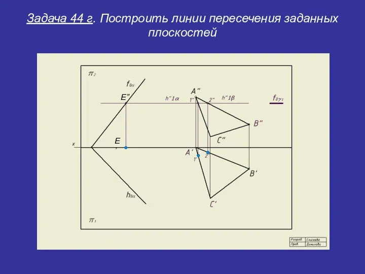 Задача 44 г. Построить линии пересечения заданных плоскостей E” E’