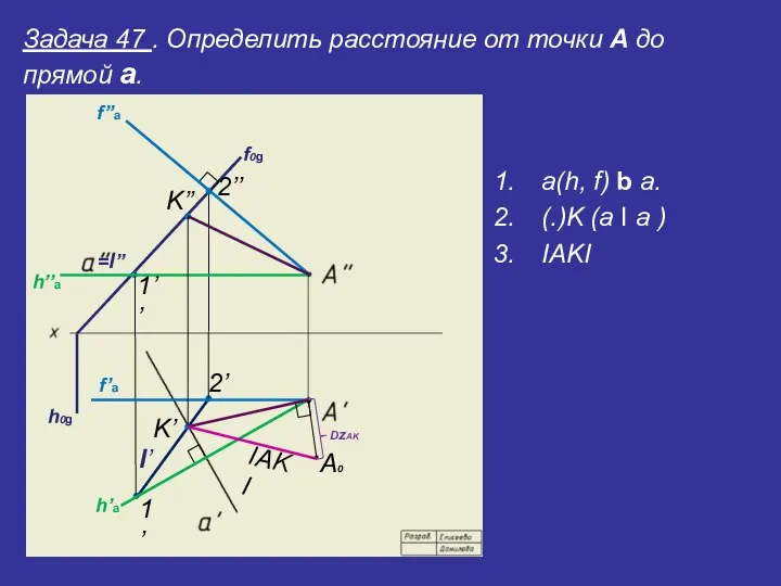 Задача 47 . Определить расстояние от точки А до прямой a.