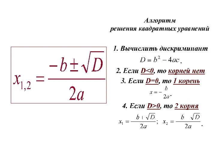 Алгоритм решения квадратных уравнений