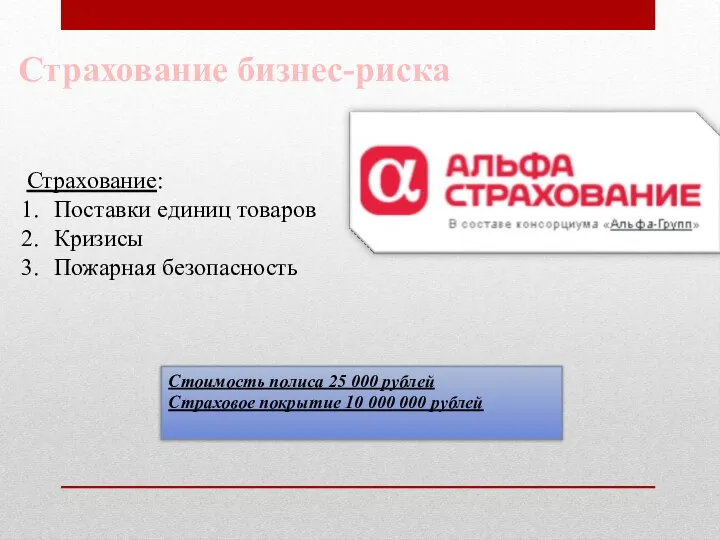 Страхование бизнес-риска Страхование: Поставки единиц товаров Кризисы Пожарная безопасность Стоимость полиса