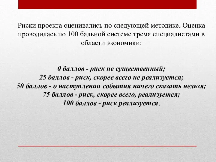 Риски проекта оценивались по следующей методике. Оценка проводилась по 100 бальной