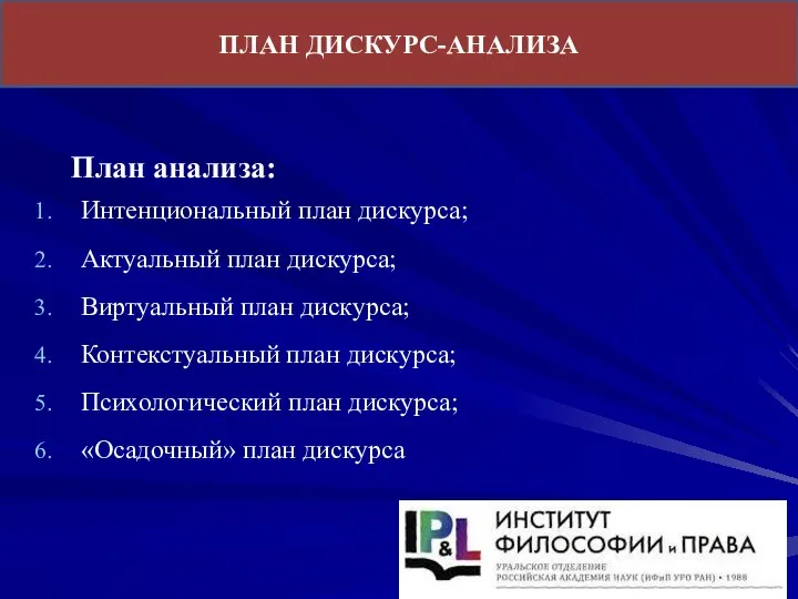 ПЛАН ДИСКУРС-АНАЛИЗА План анализа: Интенциональный план дискурса; Актуальный план дискурса; Виртуальный