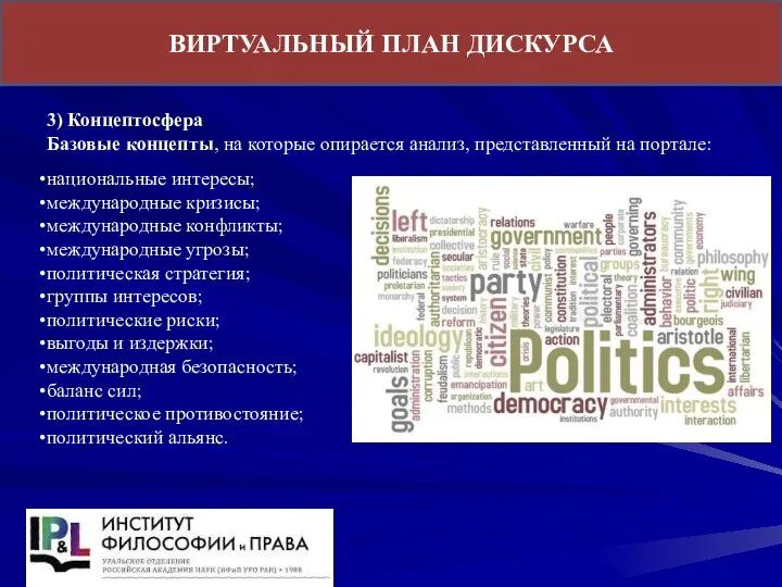 ВИРТУАЛЬНЫЙ ПЛАН ДИСКУРСА 3) Концептосфера Базовые концепты, на которые опирается анализ,