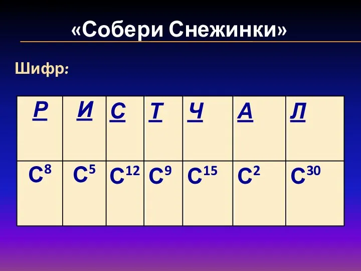 «Собери Снежинки» Запишите ответ в виде степени с основанием С. Шифр: