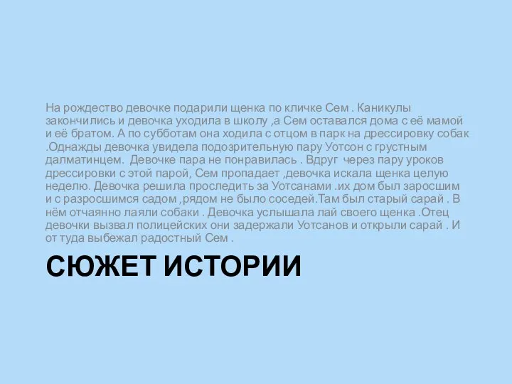 СЮЖЕТ ИСТОРИИ На рождество девочке подарили щенка по кличке Сем .