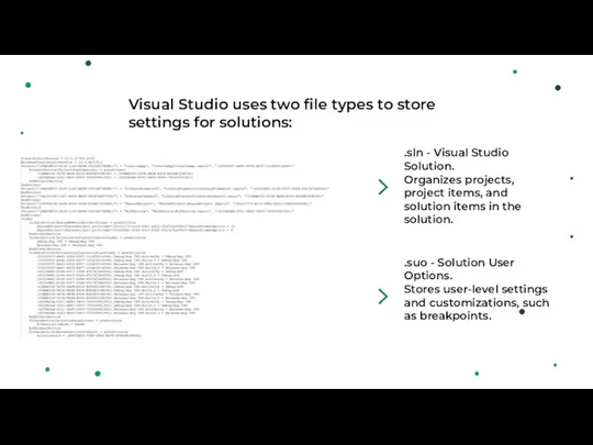 Visual Studio uses two file types to store settings for solutions: