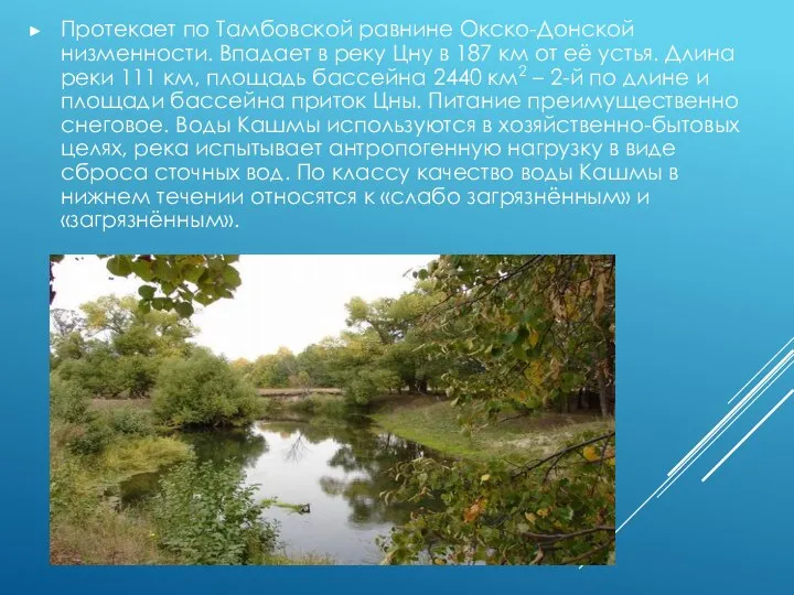 Протекает по Тамбовской равнине Окско-Донской низменности. Впадает в реку Цну в