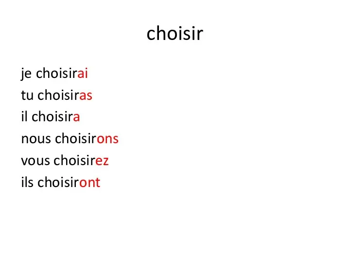 choisir je choisirai tu choisiras il choisira nous choisirons vous choisirez ils choisiront