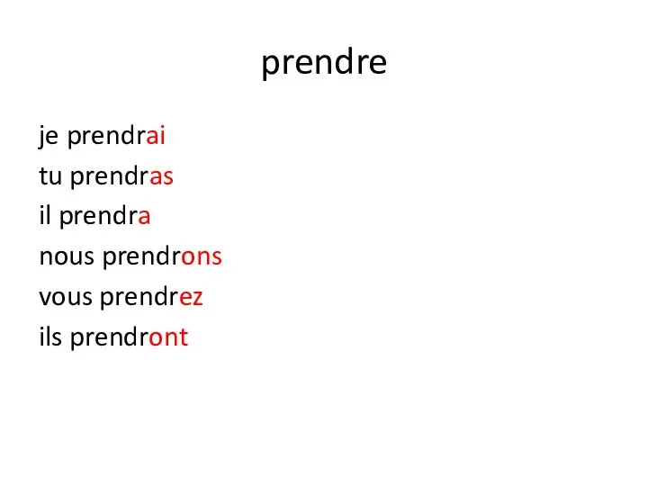 prendre je prendrai tu prendras il prendra nous prendrons vous prendrez ils prendront