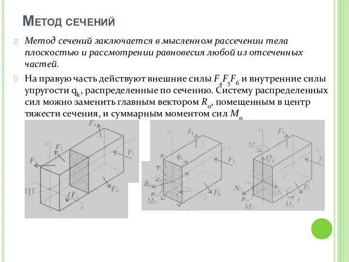 Метод сечений Метод сечений заключается в мысленном рассечении тела плоскостью и