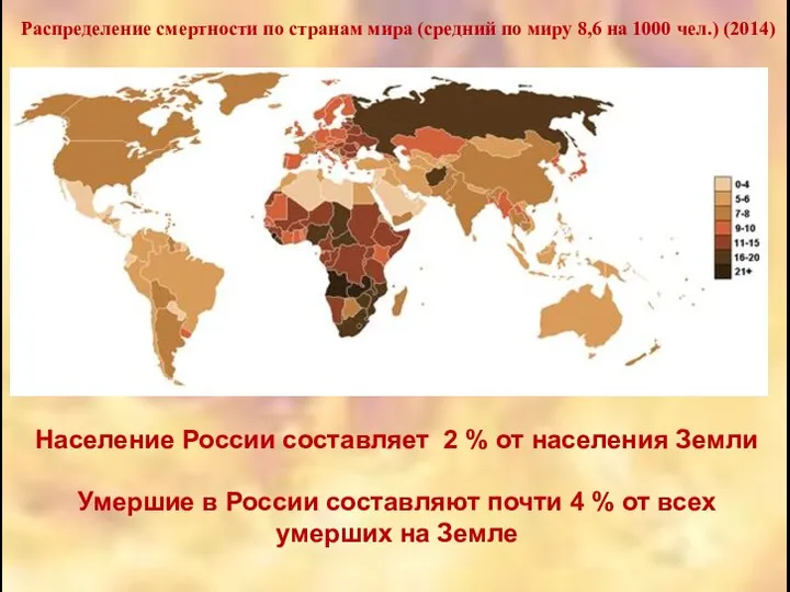 Распределение смертности по странам мира (средний по миру 8,6 на 1000