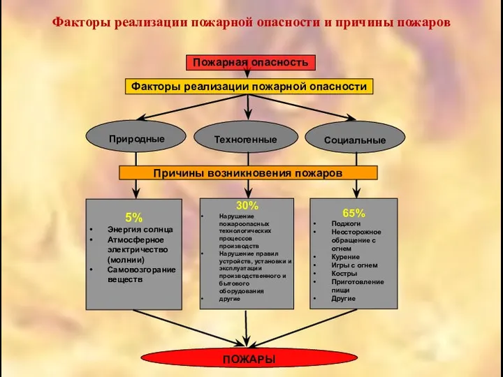 Факторы реализации пожарной опасности и причины пожаров Факторы реализации пожарной опасности