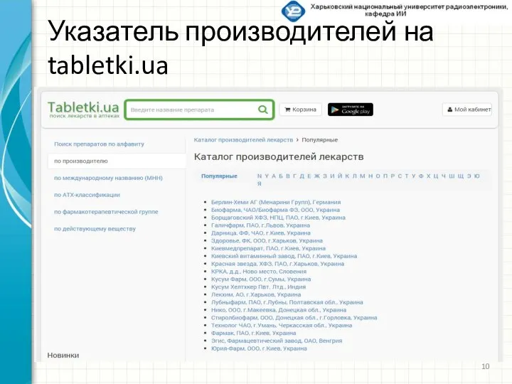 Указатель производителей на tabletki.ua