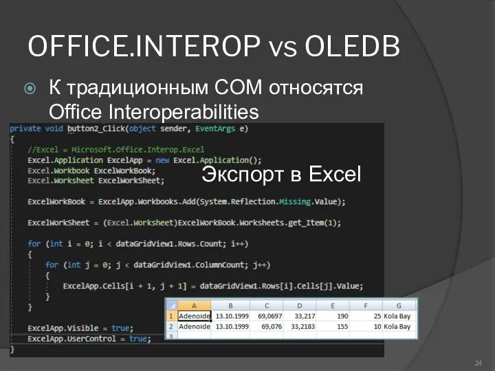 OFFICE.INTEROP vs OLEDB К традиционным COM относятся Office Interoperabilities Экспорт в Excel