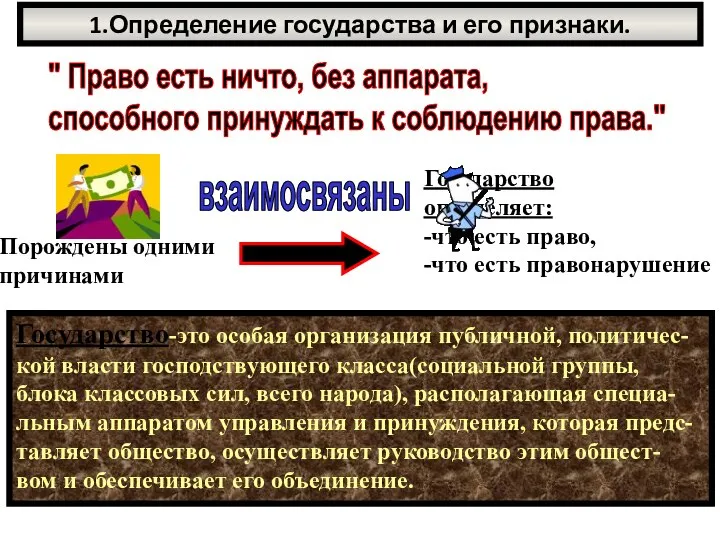 1.Определение государства и его признаки. " Право есть ничто, без аппарата,