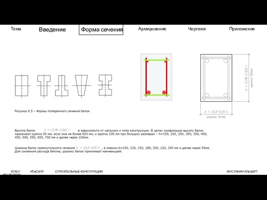 КГАСУ ИТиСАПР СТРОИТЕЛЬНЫЕ КОНСТРУКЦИИ МУСТАФИН АЛЬБЕРТ ИЛЬЯСОВИЧ Тема Введение Форма сечения Армирование Чертежи Приложение