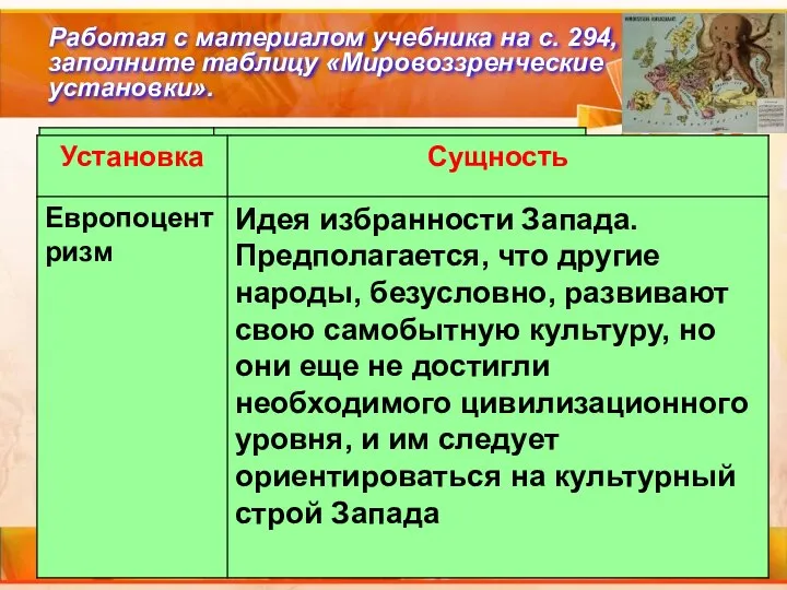 Работая с материалом учебника на с. 294, заполните таблицу «Мировоззренческие установки».