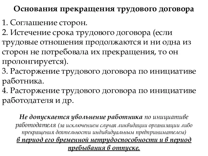 Основания прекращения трудового договора 1. Соглашение сторон. 2. Истечение срока трудового