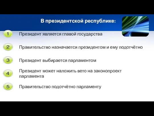 В президентской республике: Президент является главой государства Правительство назначается президентом и