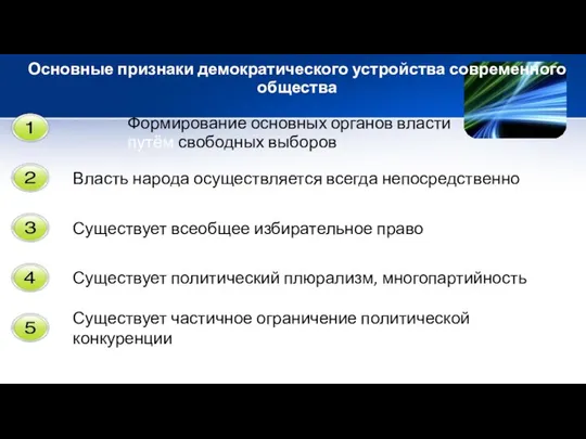 Основные признаки демократического устройства современного общества Формирование основных органов власти путём