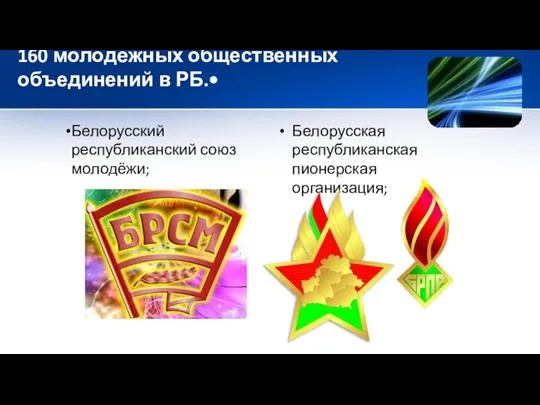 160 молодёжных общественных объединений в РБ.• Белорусский республиканский союз молодёжи; Белорусская республиканская пионерская организация;