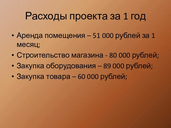Расходы проекта за 1 год Аренда помещения – 51 000 рублей
