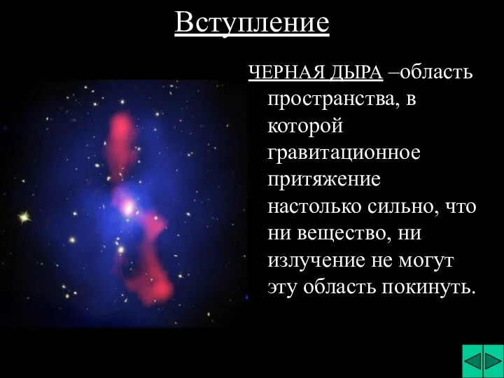 Вступление ЧЕРНАЯ ДЫРА –область пространства, в которой гравитационное притяжение настолько сильно,