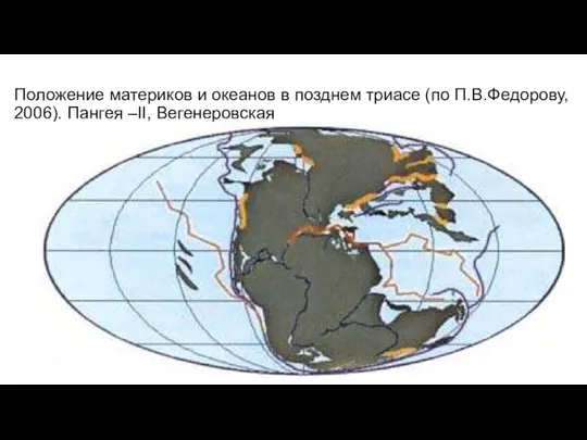 Положение материков и океанов в позднем триасе (по П.В.Федорову, 2006). Пангея –II, Вегенеровская