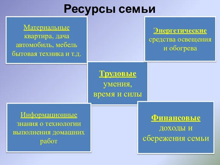 Ресурсы семьи Материальные квартира, дача автомобиль, мебель бытовая техника и т.д.