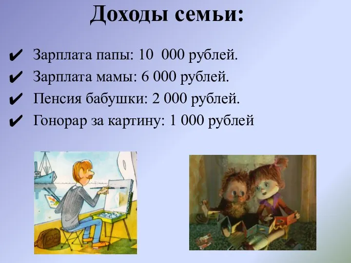 Доходы семьи: Зарплата папы: 10 000 рублей. Зарплата мамы: 6 000