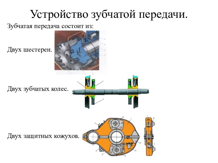 Устройство зубчатой передачи. Зубчатая передача состоит из: Двух шестерен. Двух зубчатых колес. Двух защитных кожухов.