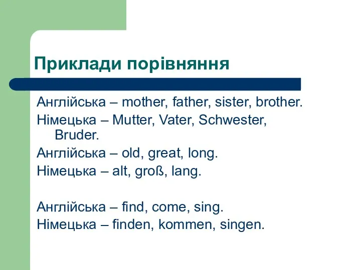 Приклади порівняння Англійська – mother, father, sister, brother. Німецька – Mutter,