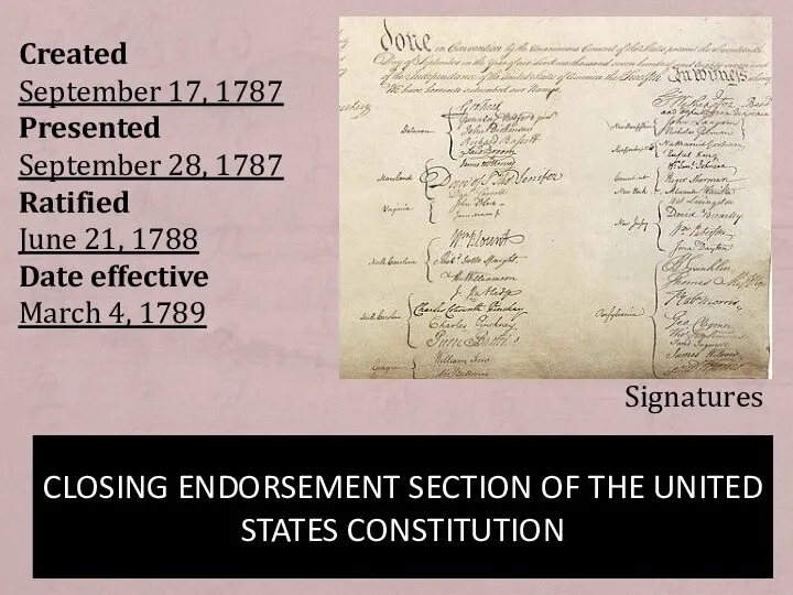 CLOSING ENDORSEMENT SECTION OF THE UNITED STATES CONSTITUTION Created September 17,