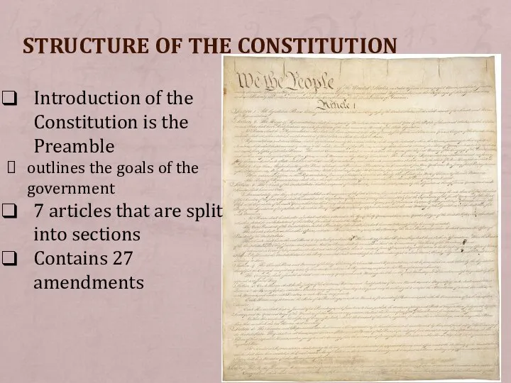 STRUCTURE OF THE CONSTITUTION Introduction of the Constitution is the Preamble