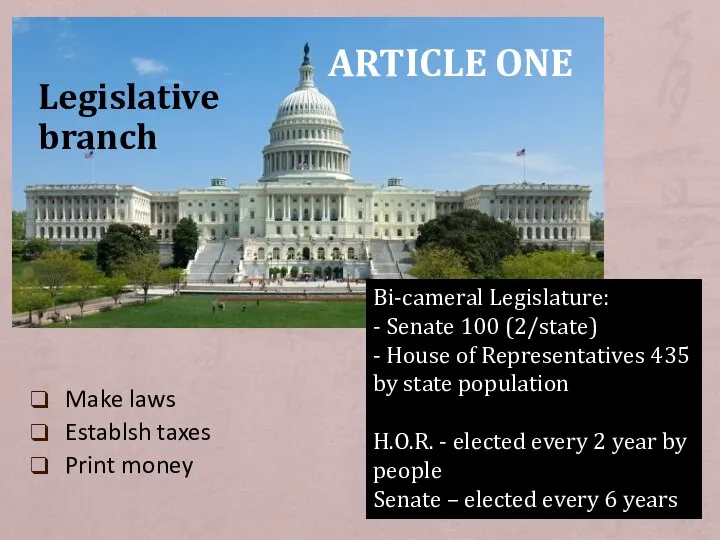 ARTICLE ONE Bi-cameral Legislature: - Senate 100 (2/state) - House of